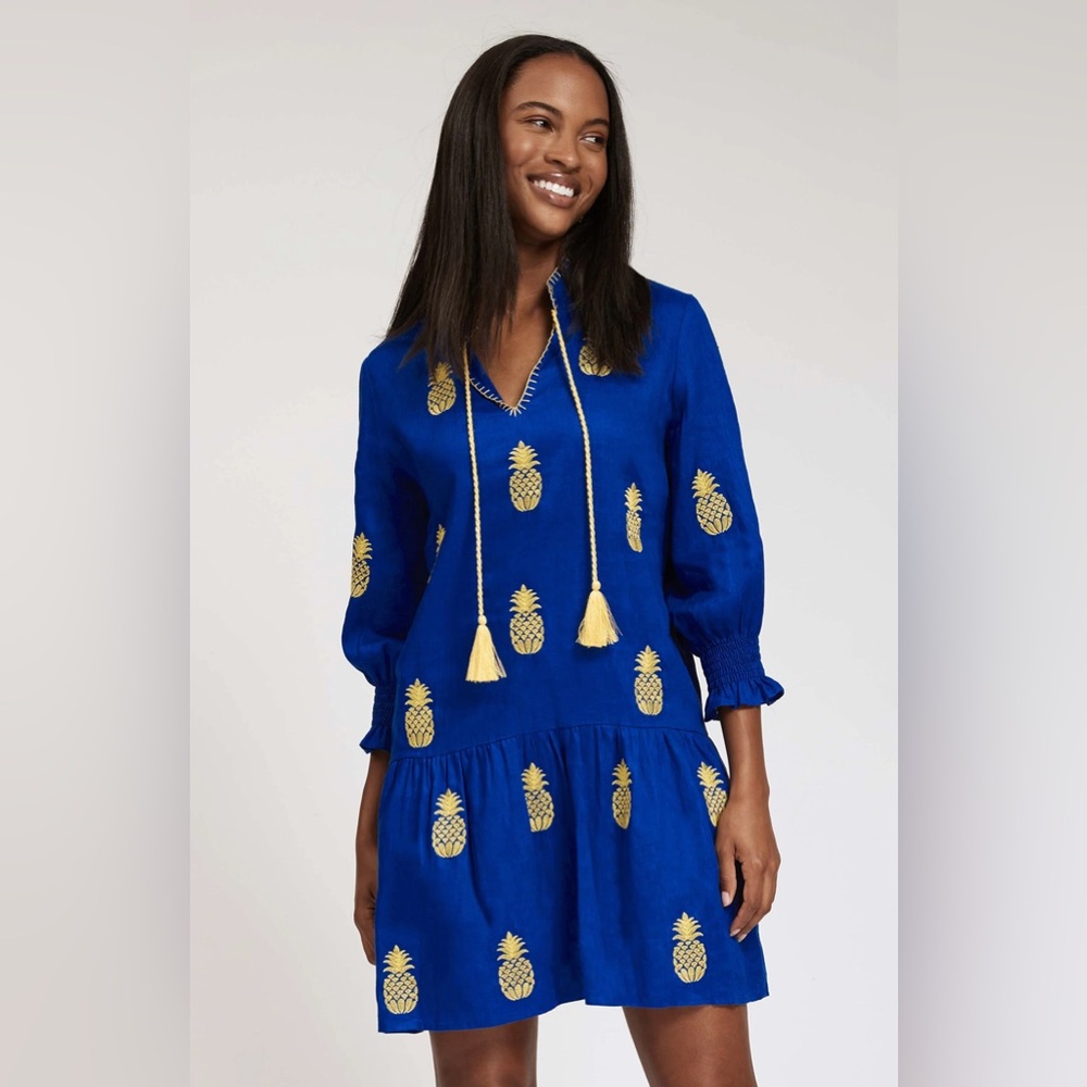 TYLER BOE NIKI DRESS SIZE MEDIUM BLUE YELLOW EMBROIDERED PINEAPPLE PRINT $218